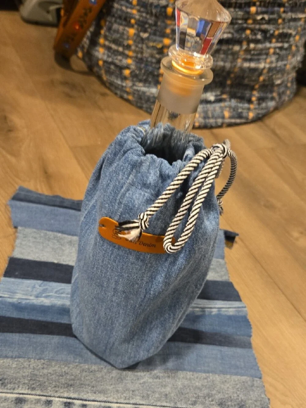 Dem Denim Blue Denim Bottle Bag with Rope Drawstring (Bottle Not Included)